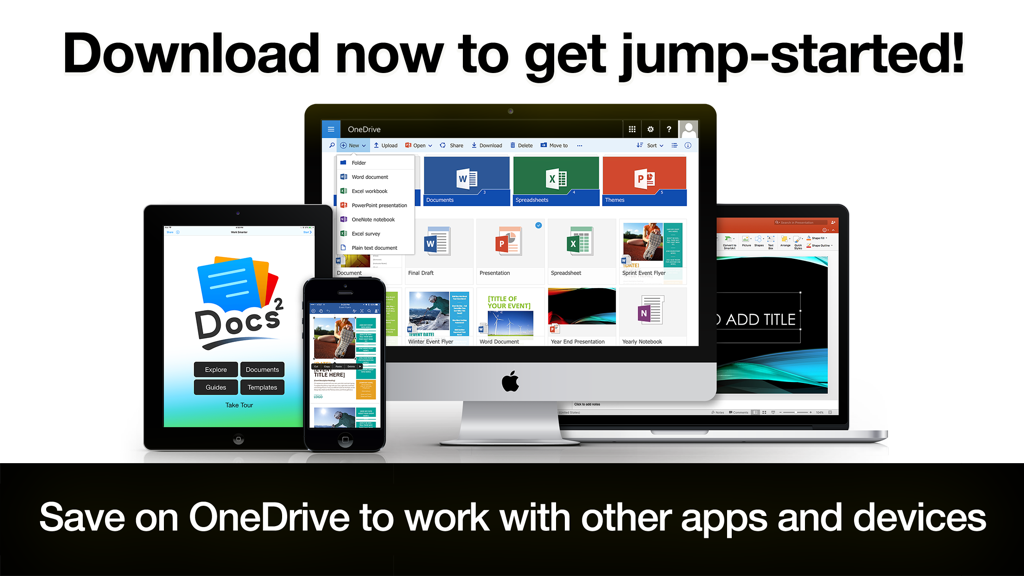 Aplicativo Docs2 mostrando documentos do Microsoft Office e sincronização do OneDrive em iPhone, iPad e Mac