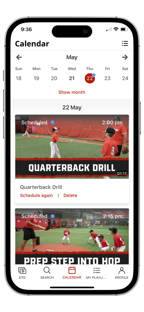 Training calendar screen in the Dominate the Diamond app displaying scheduled baseball practice drills.