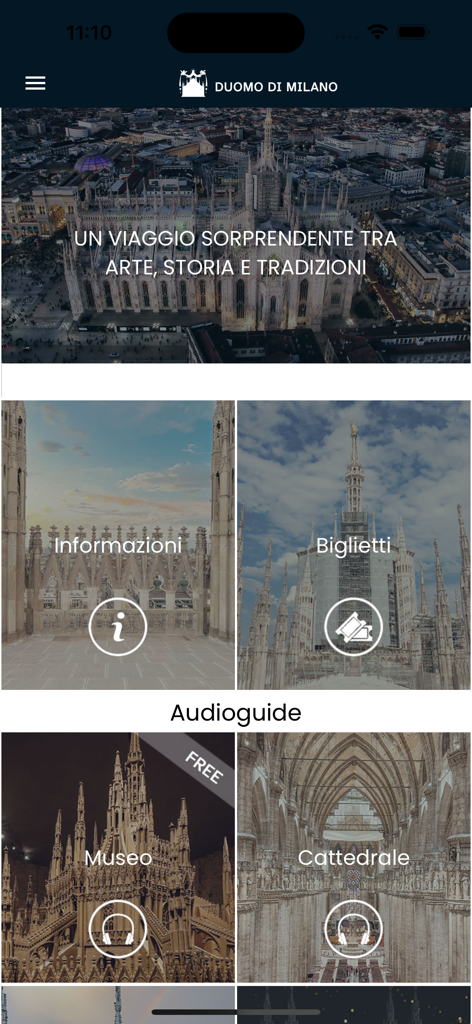 Duomo Milano - Official Duomo Milano app home screen with navigation for tickets and audio guides.