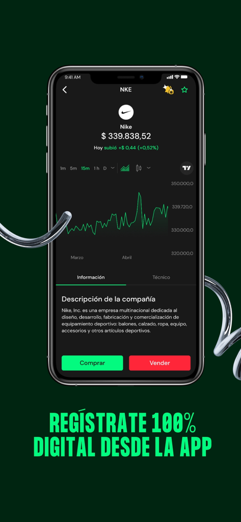 Trii - Trii mobile app interface showing a stock price chart and trading buttons
