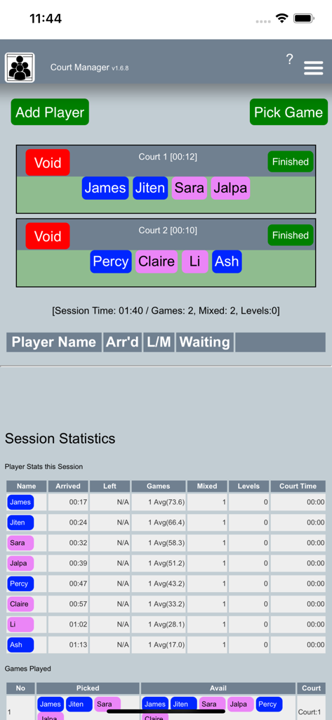 Court Manager app interface showing active games on courts and a table with player session statistics