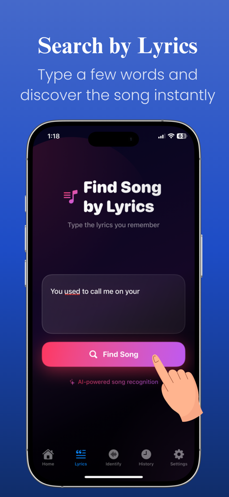 Song Identifier: Music Finder - Um telefone celular exibindo a tela de busca por letras do aplicativo Song Identifier Music Finder