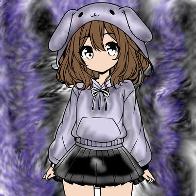 pretty anime girl wearing a fluffy hoodie with bunny ears on the hood and a skirt