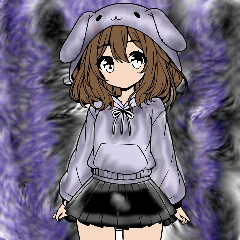 pretty anime girl wearing a fluffy hoodie with bunny ears on the hood and a skirt
