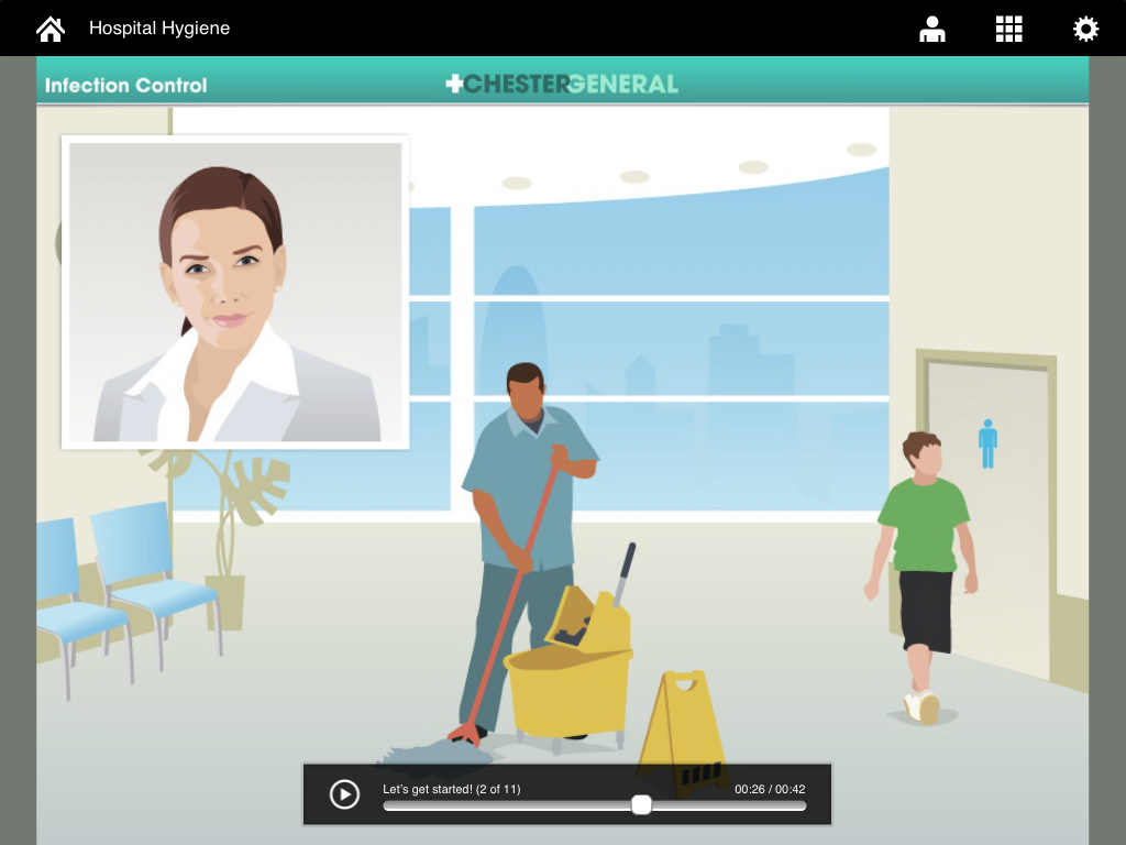 Adobe Presenter - Adobe Presenter-App, die ein Schulungsmodul für Krankenhaushygiene und Infektionskontrolle auf einem iPad anzeigt