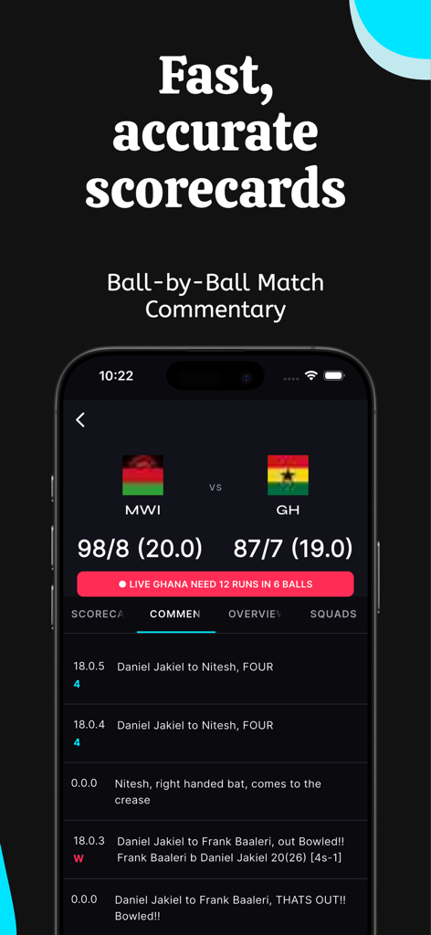 Comentarios bola a bola en vivo de partidos de cricket y marcador en la aplicación CrickTrack
