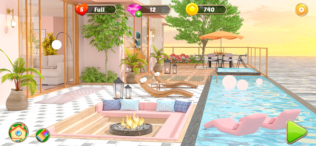 Interior Home Makeover - Design di patio esterno di lusso con piscina e pozzo del fuoco al tramonto