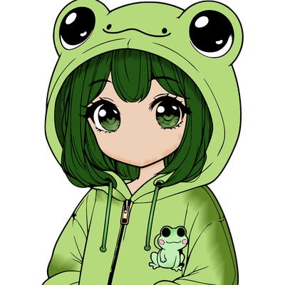 cute realistic girl in a froggy hoodie