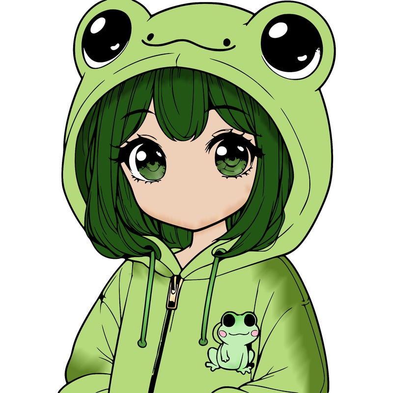 cute realistic girl in a froggy hoodie