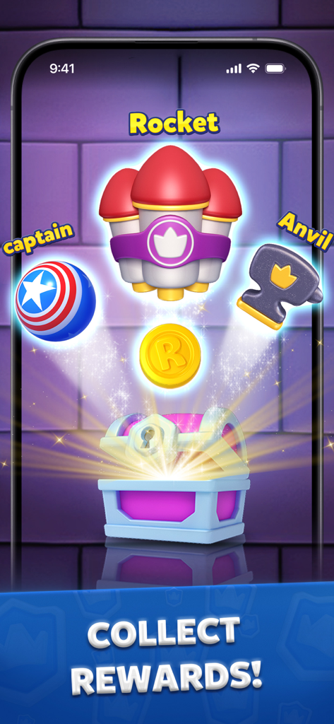 Bricks Royale - A magical chest opening to reveal game rewards like rockets, an anvil, and a captain ball in Bricks Royale.