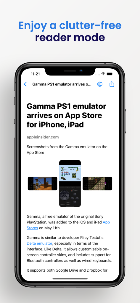 FeedFlow - RSS Reader - FeedFlow RSS reader app showing a minimalist distraction-free article reader mode on an iPhone
