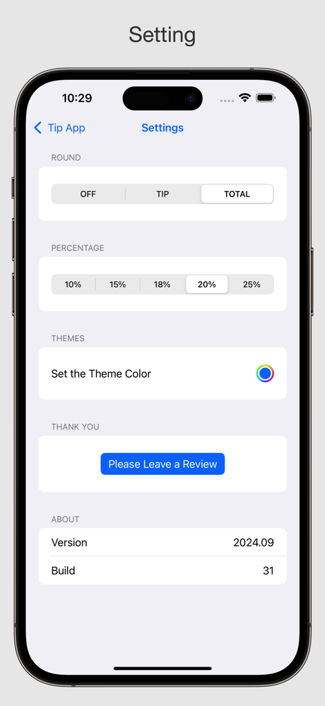 L'écran des paramètres de la Calculatrice de pourboires sur un iPhone affichant les options de préférence d'arrondi, de sélection de pourcentage de pourboire et de personnalisation du thème