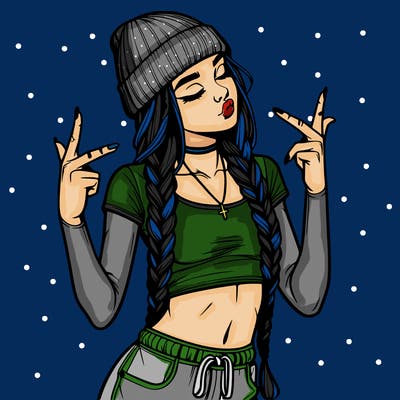 realistic teenage girl with braids and a beanie and crop top doing 🫶🏼
