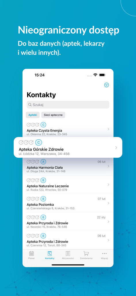 FarmaProm - FarmaProm mobile app interface showing a list of pharmacy contacts for sales representatives