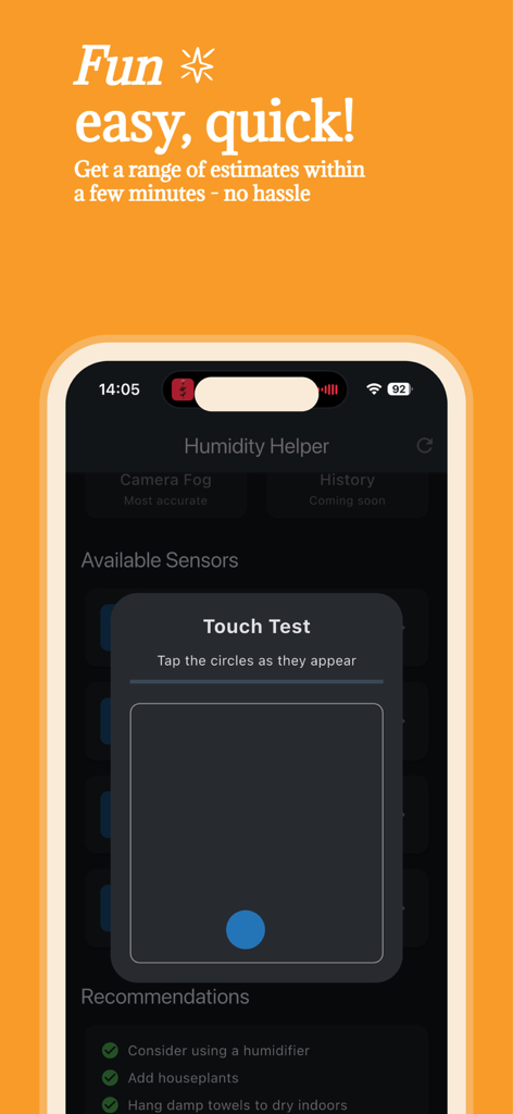 Indoor Humidity Predictor - Una pantalla móvil que muestra la función de prueba táctil de la aplicación Predictor de Humedad Interior.