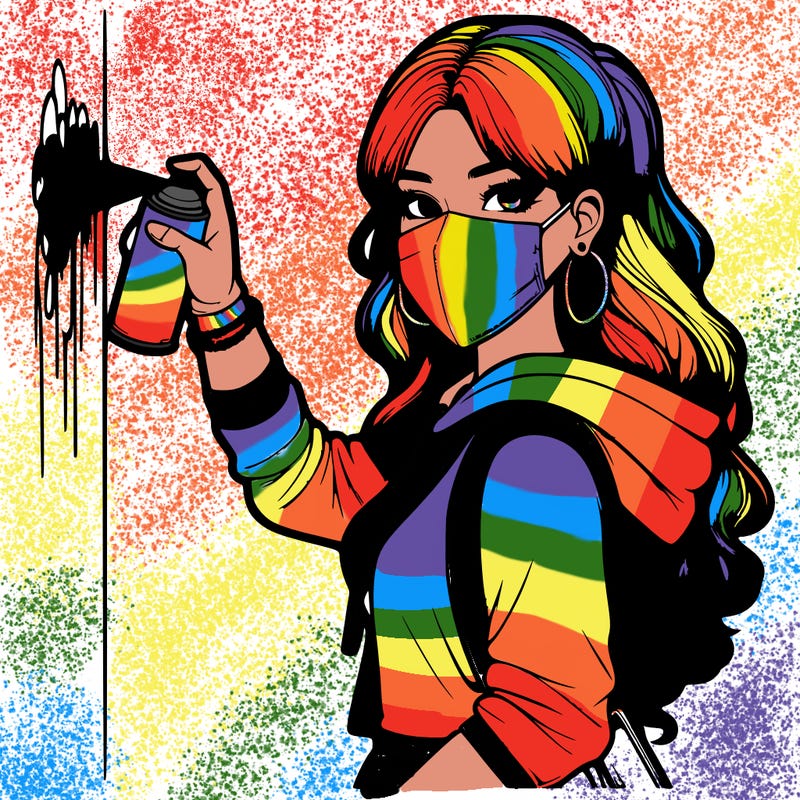 realistic girl with mask spray painting a wall