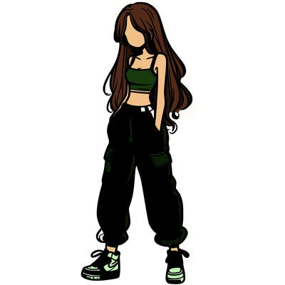girl in baggy pants crop top and long hair