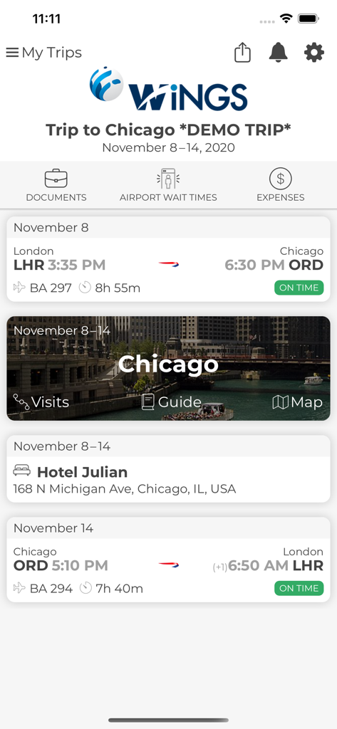 Wings Travel Mobile app trip itinerary screen showing flight details and hotel booking for Chicago