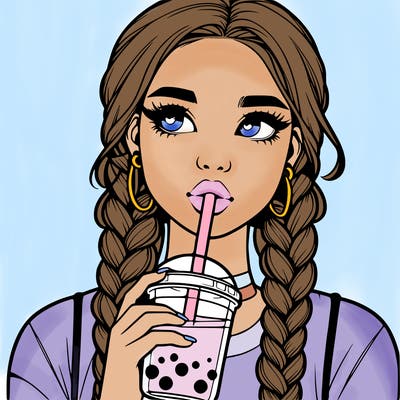 realistic girl with braided hair drinking boba
