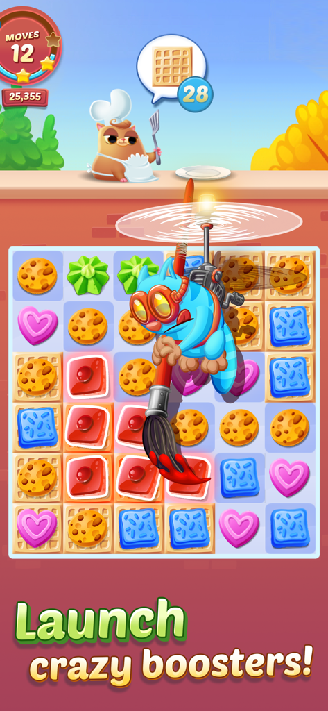 Cookie Cats™ - A blue cat character using a giant paintbrush booster in a puzzle game grid