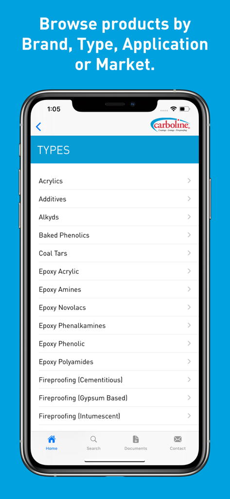 Carboline mobile app interface displaying a categorized list of industrial product types including epoxies and fireproofing