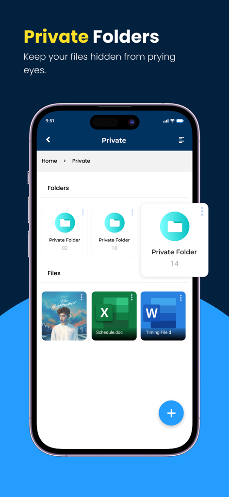 Calculator Vault - Lock Photo - Interfaz móvil que muestra carpetas seguras y archivos ocultos en una aplicación de bóveda privada