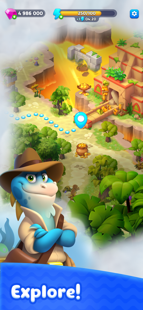 Fishdom Solitaire - Un personaje de dinosaurio explorador en un mapa de la jungla con la palabra Explorar.
