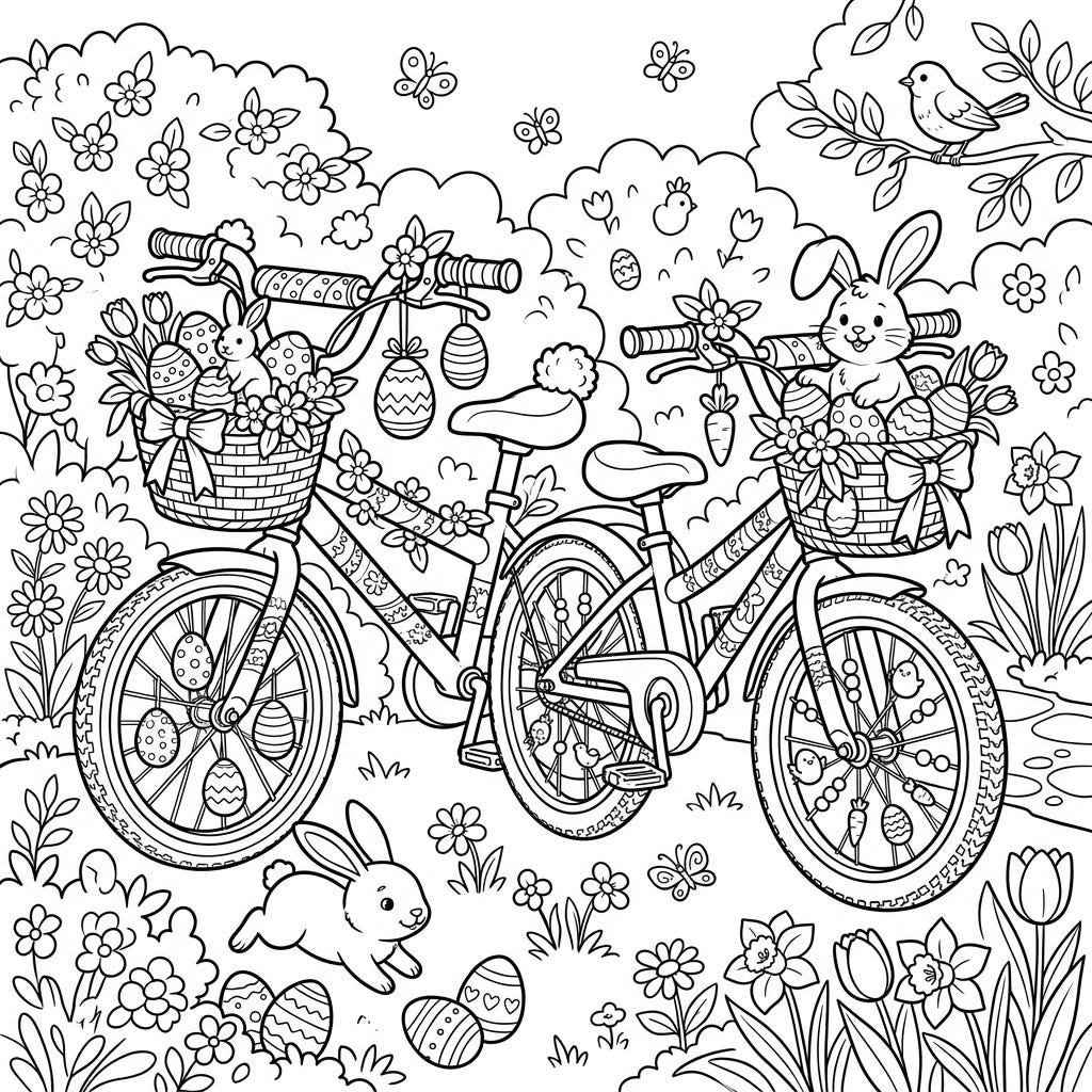 Easter Kids' Bikes Coloring Page - Fun Spring Activity