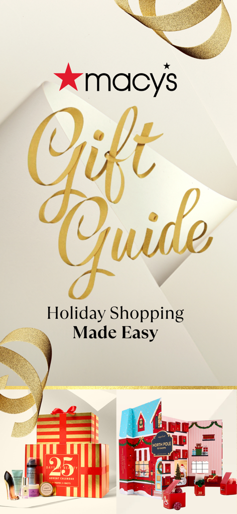Guia de Presentes de Fim de Ano da Macy's com calendários de advento e fitas douradas festivas