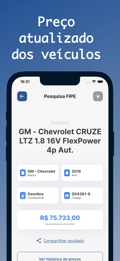 Smartphone screen showing the official FIPE market value for a Chevrolet Cruze in the Brazilian automotive app