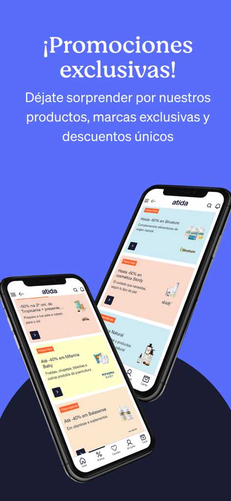 App de farmacia online Atida Mifarma mostrando promociones exclusivas y descuentos de marca en dispositivos móviles.