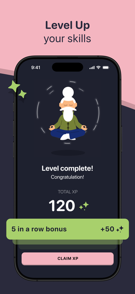 Écran de fin de niveau de l'application de codage SideMe affichant 120 XP et une mascotte zen