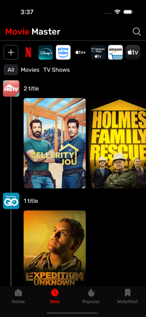 Interface de l'application MovieX montrant une liste de nouvelles séries TV de divers services de streaming et réseaux comme HGTV et Discovery.