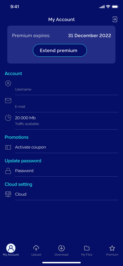 Pantalla Mi Cuenta en la aplicación Zeus File Manager que muestra la configuración del perfil de usuario y el estado de la suscripción premium