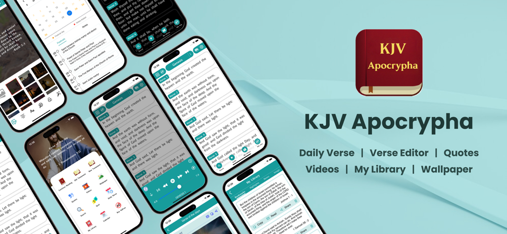 KJV Apocrypha - KJV伪经应用程序预览，展示了手机屏幕上的每日经文和宗教研究工具