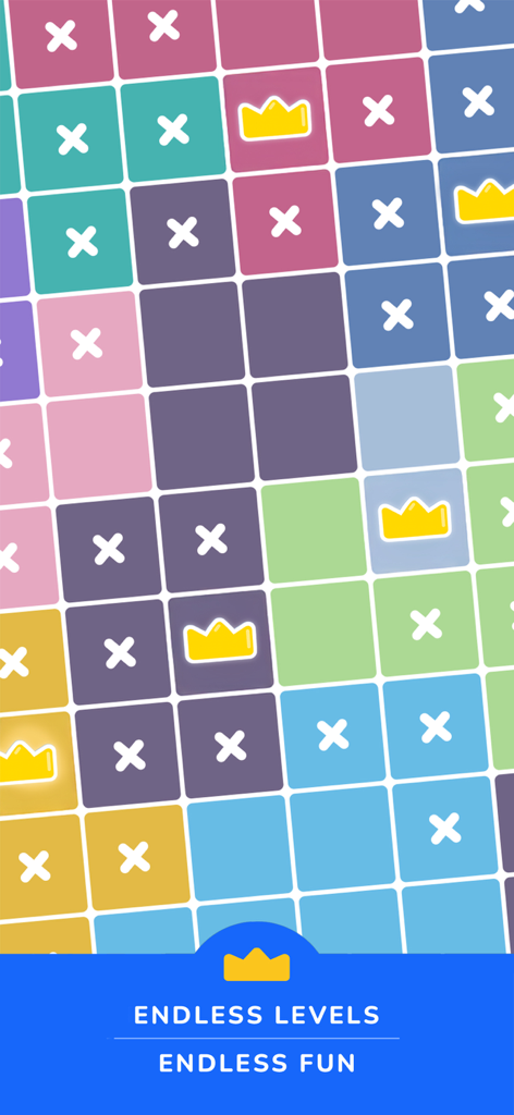 Queens Master: Sudoku Puzzle - 다양한 색상의 타일에 왕관 아이콘과 X 표시가 있는 Queens Master의 컬러 그리드 기반 논리 퍼즐
