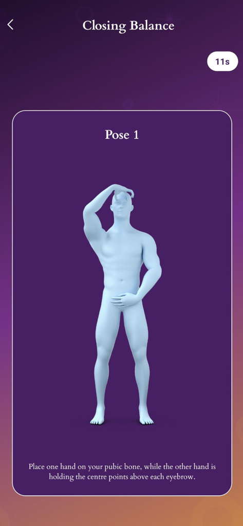 Um modelo humano 3D demonstrando uma pose de acupressão com texto instrucional na interface do aplicativo Ankaa.