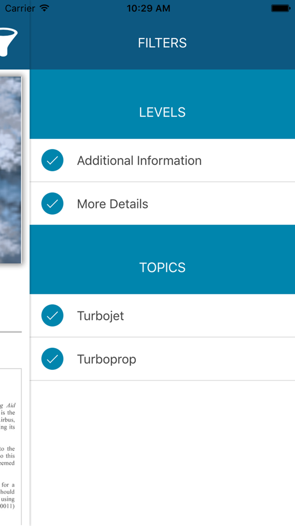 AUPRTA mobile app filter screen showing options for information levels and aircraft topics like Turbojet and Turboprop