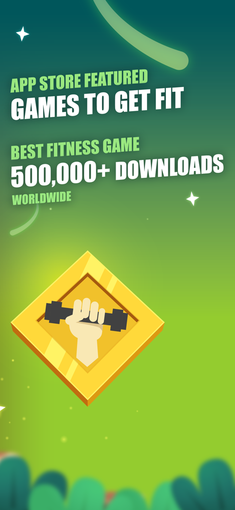 Fitness RPG: Hero health game - Promotional screen for Fitness RPG showing App Store featured status and 500,000 plus downloads worldwide
