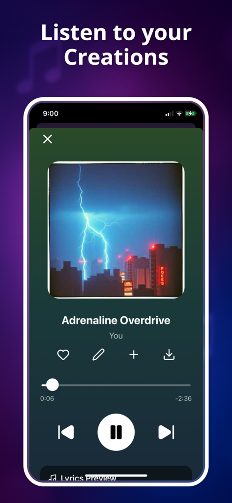 Ai Music Maker - Soneva - Music player interface in the Soneva app showing an AI-generated song and playback controls