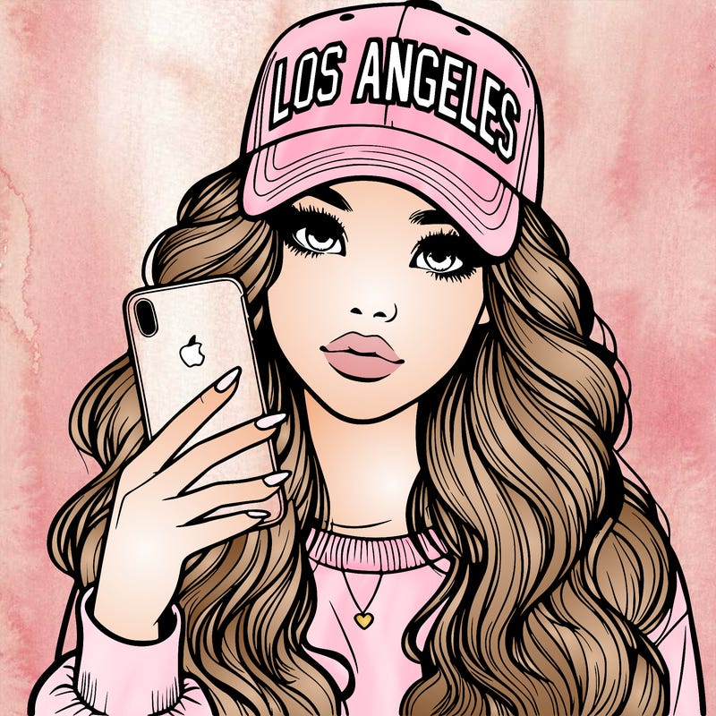 realistic beautiful girl wearing los ángeles cap holding an iphone
