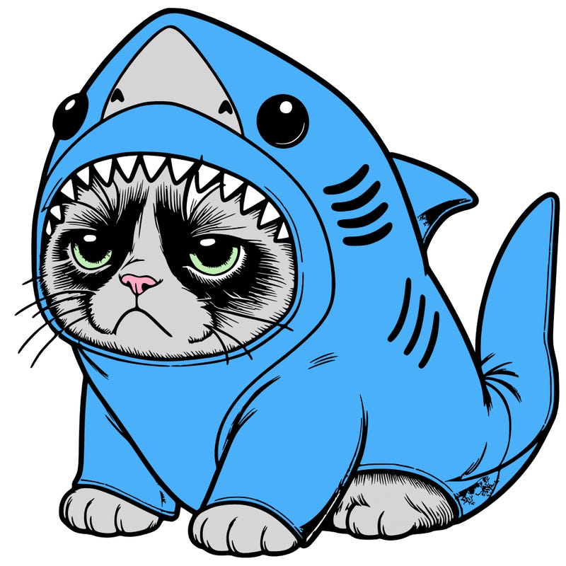 a realistic grumpy cat wearing a cute shark costume