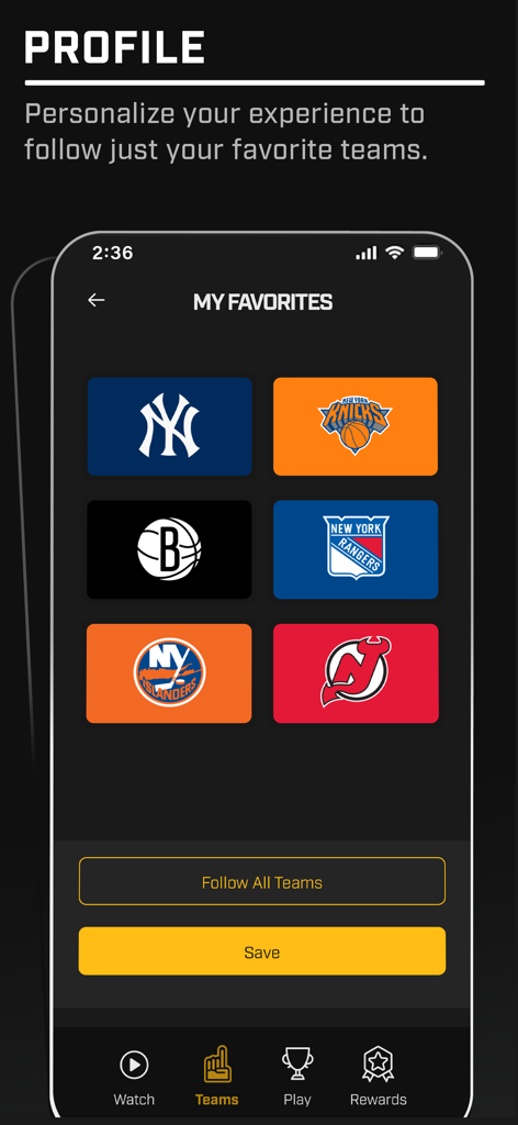 Screenshot of the Gotham Sports app profile screen where users can personalize their experience by selecting favorite teams like the Yankees, Knicks, and Rangers
