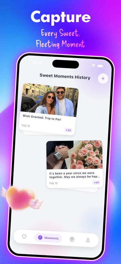 Drawn - Record Love - A screenshot of the Drawn app showing the Sweet Moments History screen with a timeline of shared photos and notes for couples featuring relationship points.