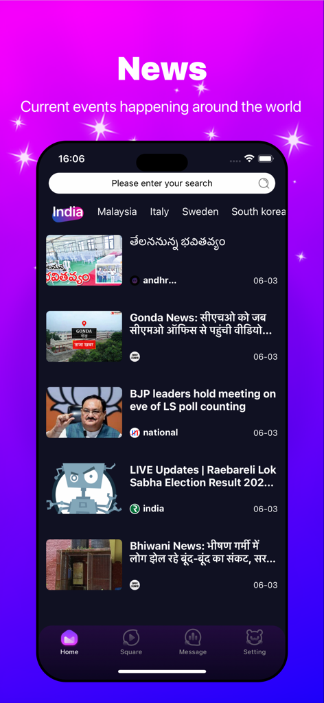 Gimme - Gimme app news interface displaying global headlines from different countries like India and Malaysia