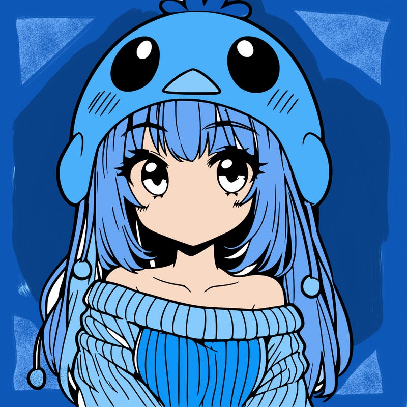 anime girl with chick shaped hat with sweater with bare shoulders with bangs covering them one eye with low tail