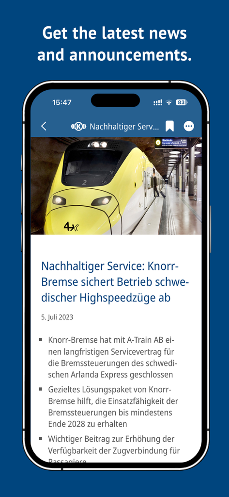 Knorr-Bremse mobile app news article featuring a high speed train