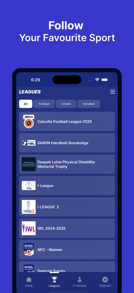 SSEN - Interface de l'application SSEN montrant une liste de ligues sportives, y compris l'I-League et la Calcutta Football League