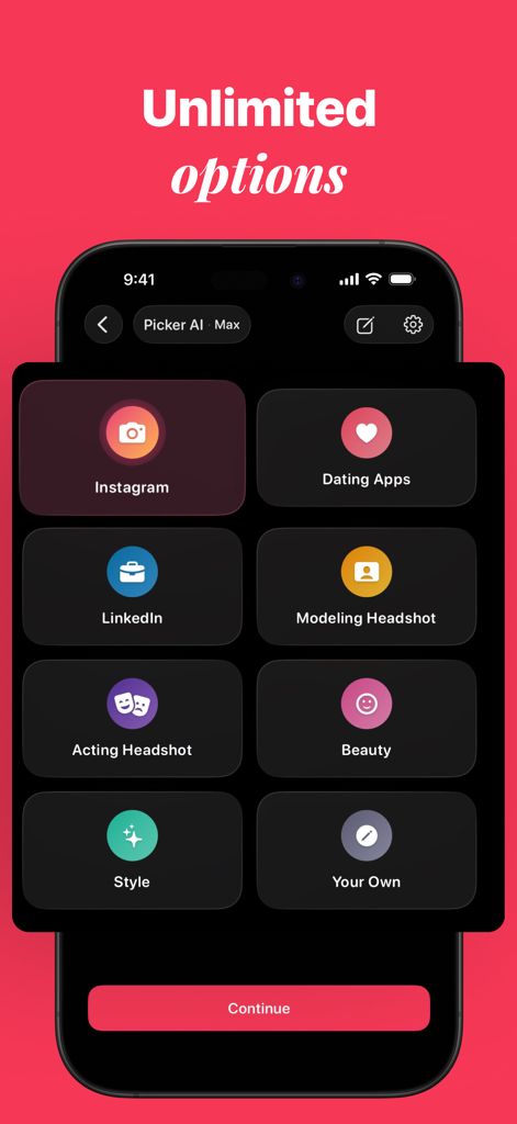Picker AI - Best Photo Picker - Interfaz de la aplicación Picker AI que muestra categorías de selección para Instagram, Aplicaciones de Citas, LinkedIn y Estilo.