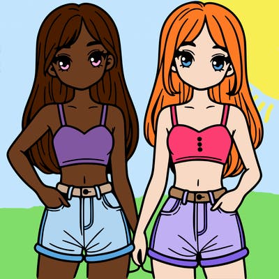 two sisters with crop tops and jean shorts and straight hair